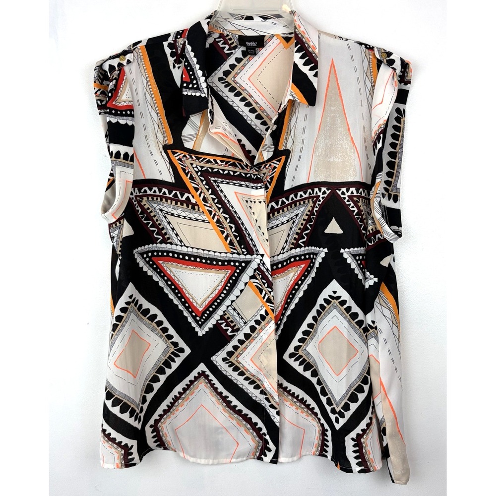 Vintage Geometric Print Top Womens 2X Plus Button Up Shirt Sleeveless Mod